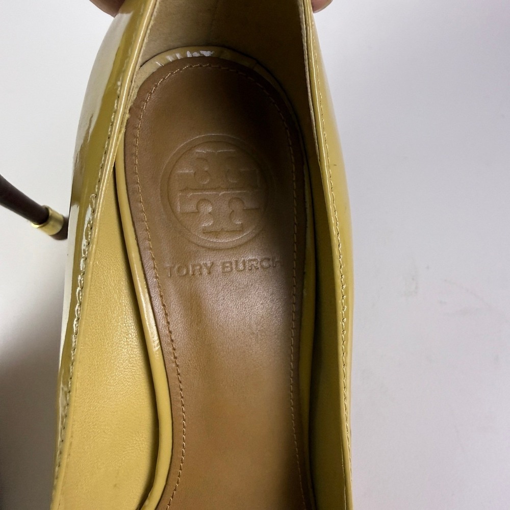 Tory Burch Womens Pumps Heels Yellow Peep‎ Toe Patent Leather Stiletto Shoes 7M - Picture 3 of 14